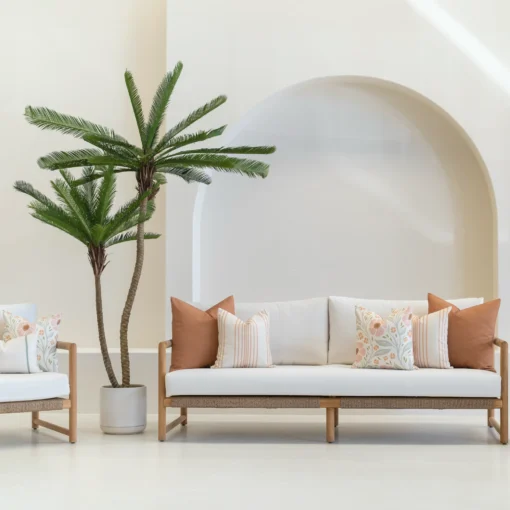 Outdoor living room with 7 outdoor cushions from the Claybourne set on a sofa.