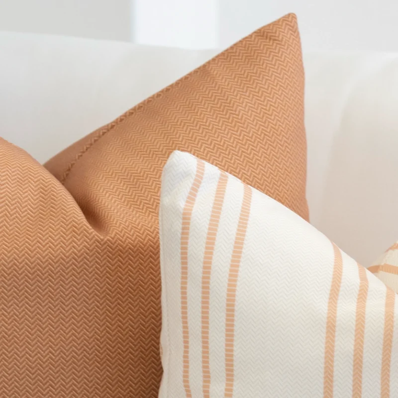 A set of 2 claybourne outdoor cushions is displayed on on white sofa.