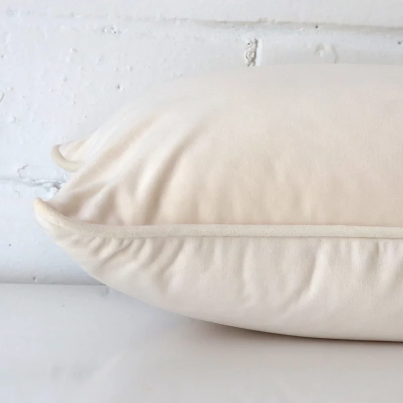 A graceful rectangle cream cushion with a velvet fabric.