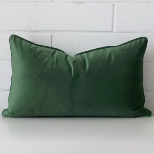 A rectangle cushion in a delightful dark sage tone rests against a white wall. The velvet material appears to be of exceptional quality.