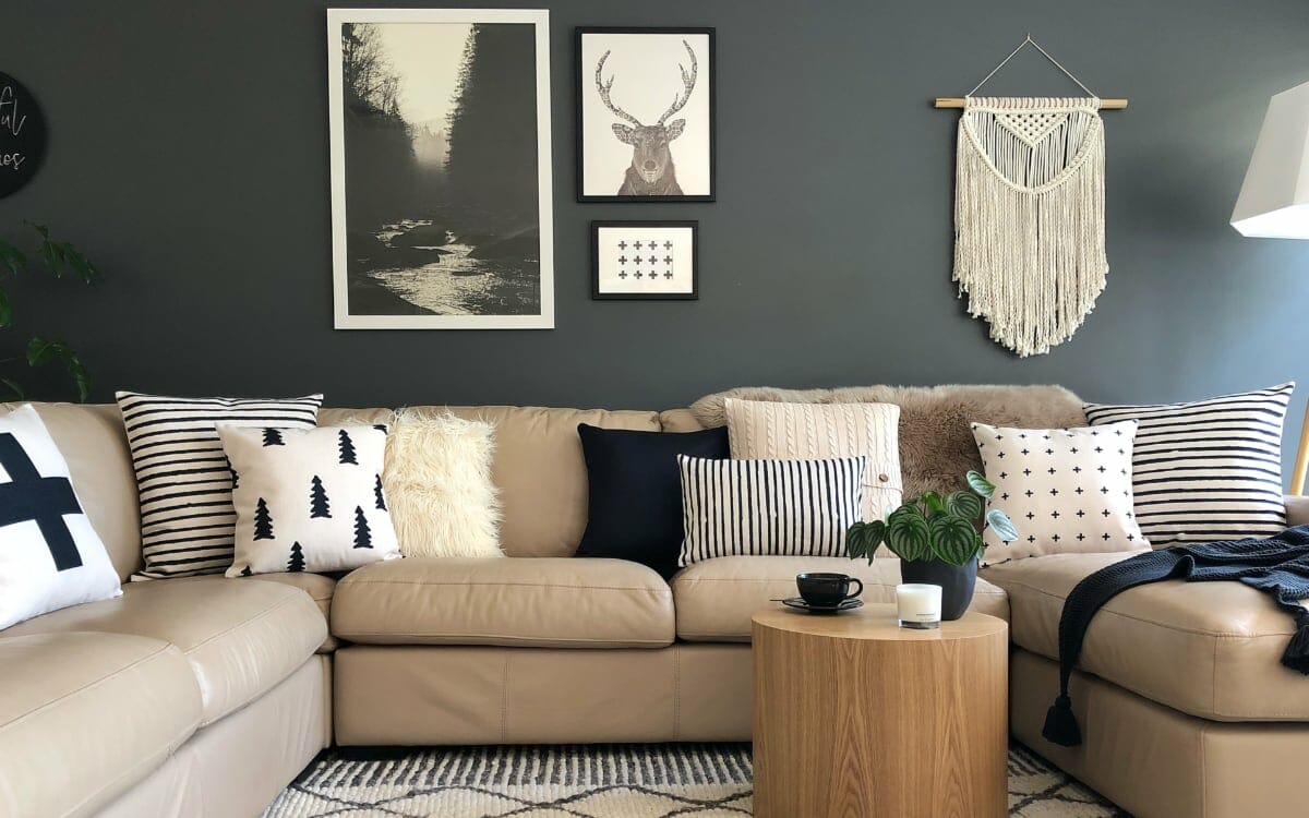 Dia cushion range in black and white Scandi styled living room