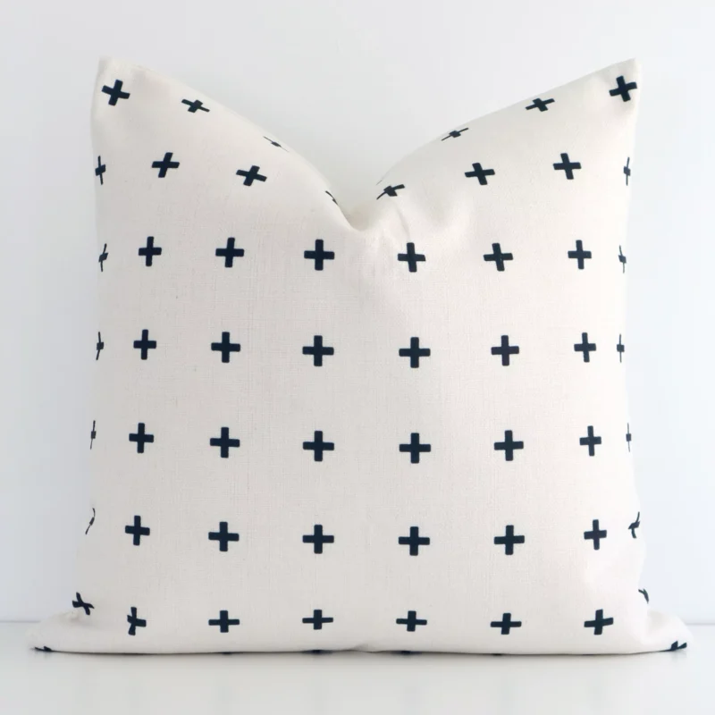 dia-motif-cushion-cover---sc249-45 Colourful patterned cushion cover in front of a white wall. It has a square size and is made from a linen material.