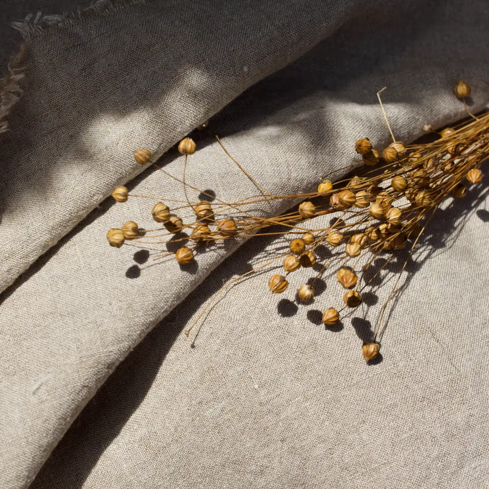 A dry flaxseed plant is positioned on raw natural linen material.