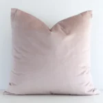 Striking square dusty pink cushion cover featuring a solid colour style on quality velvet fabric.