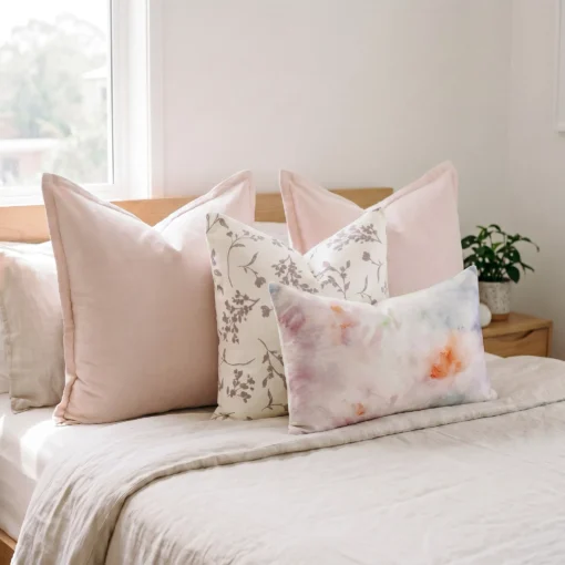 Set of four cushions with blush linen, a floral print, and a watercolour lumbar, on a bed.