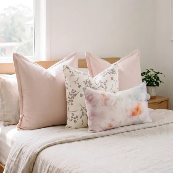 Set of four cushions with blush linen, a floral print, and a watercolour lumbar, on a bed.