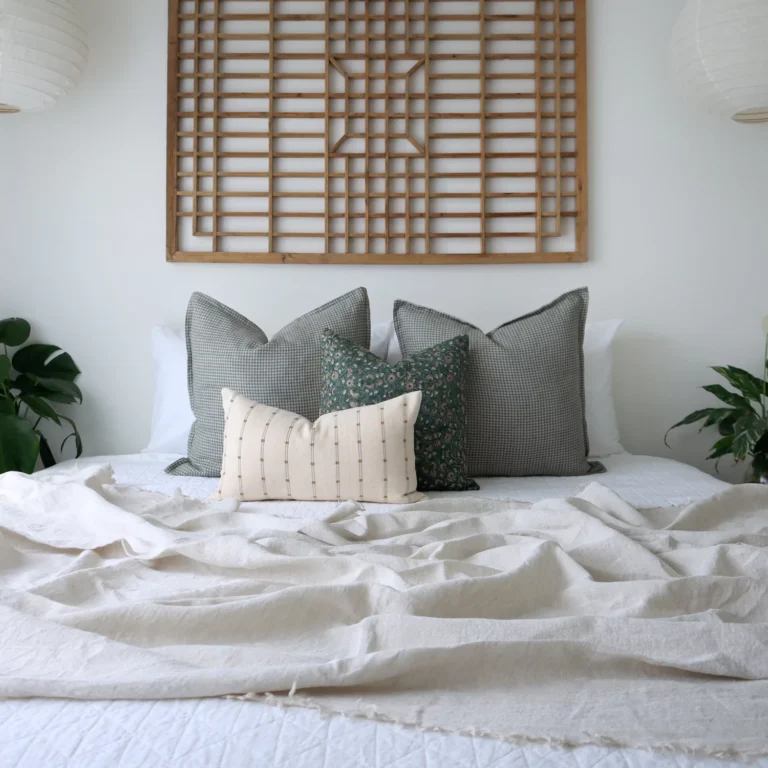 A bed that is beautifully styled with the Eden bed cushions set which includes 4 elegant designer cushions.
