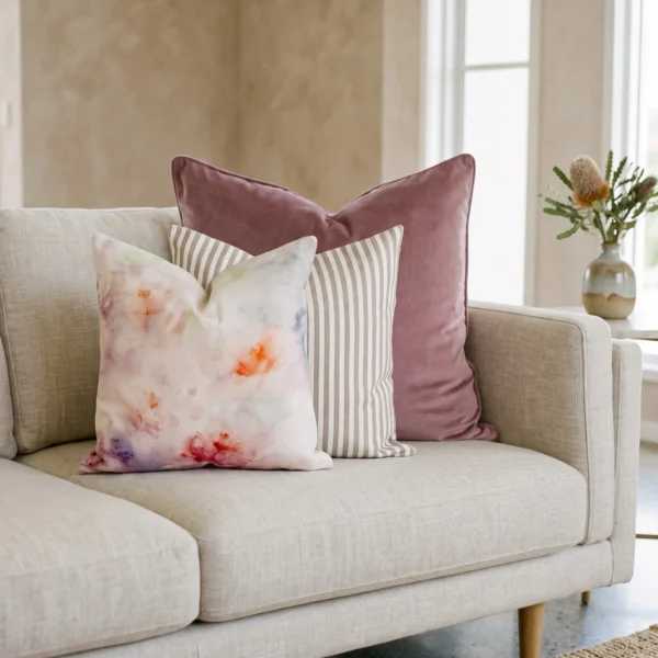 Trio of cushions with blush velvet, a stripe print, and a soft watercolour print, on a couch.