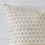 Macro image of a designer large cushion cover. The shot shows the floral style more thoroughly.