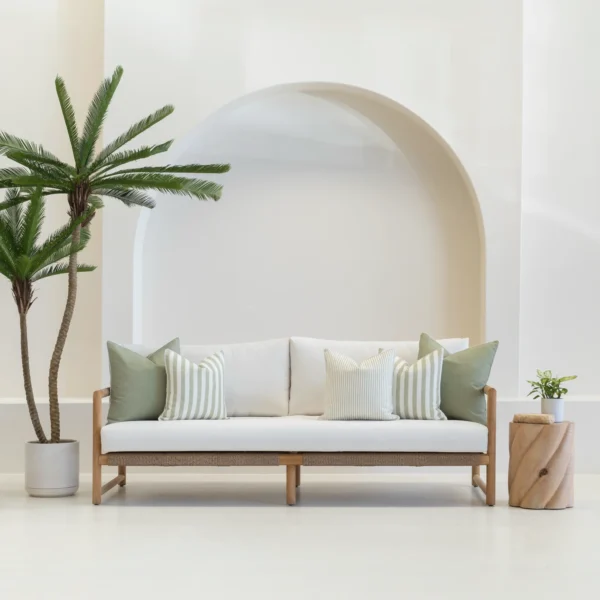 A white sofa is styled with a set of 5 horizon sage outdoor sofa cushions.