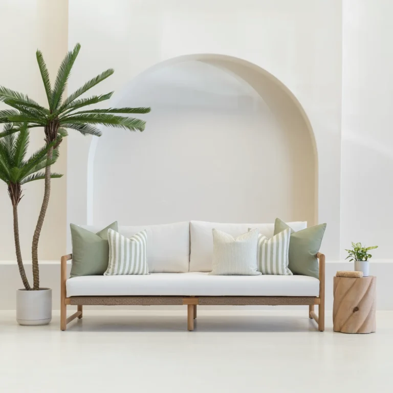 A white sofa is styled with a set of 5 horizon sage outdoor sofa cushions.