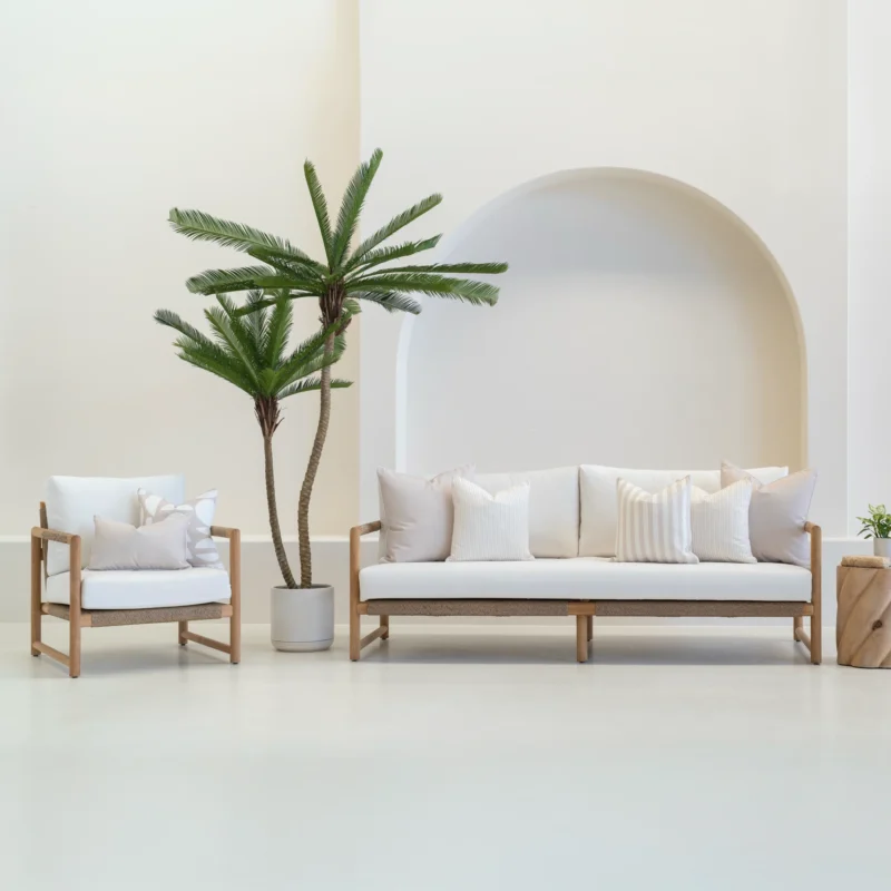 Outdoor seating displaying a set of 7 horizon sand outdoor cushions.