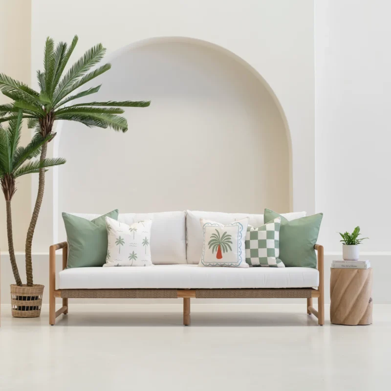 Green cushions arranged on outdoor sofa with palm and check patterns.