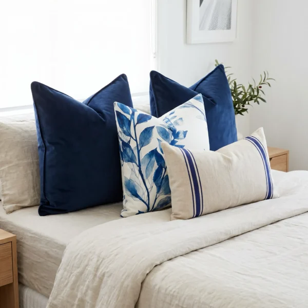 Set of four cushions with navy velvet, a blue leaf print, and a striped linen lumbar, on a bed.