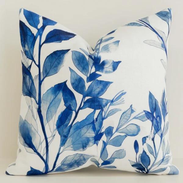 Cream cushion cover featuring blue painted leaf branches.
