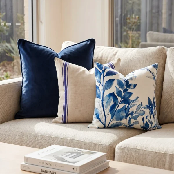 Trio of cushions with navy velvet, a linen stripe, and a blue leaf print, on a couch.