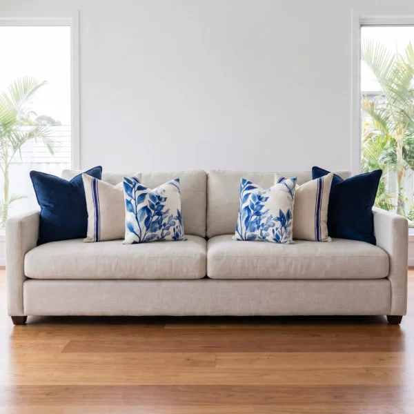 Six cushions in pairs of navy velvet, linen stripe, and blue leaf print, on a sofa.