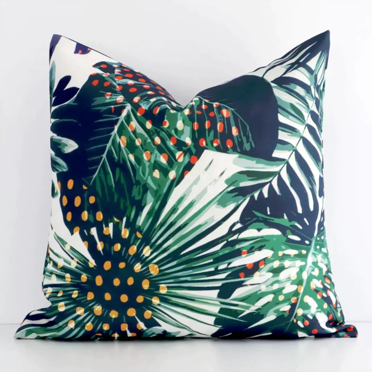Gorgeous square outdoor cushion cover that has a graceful tropical design.