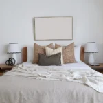 4 designer cushions from the Laurel bed set are elegantly arranged on the bed adding a touch of beauty to the space.