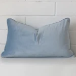 A stunning rectangle velvet cushion in a light blue colour.
