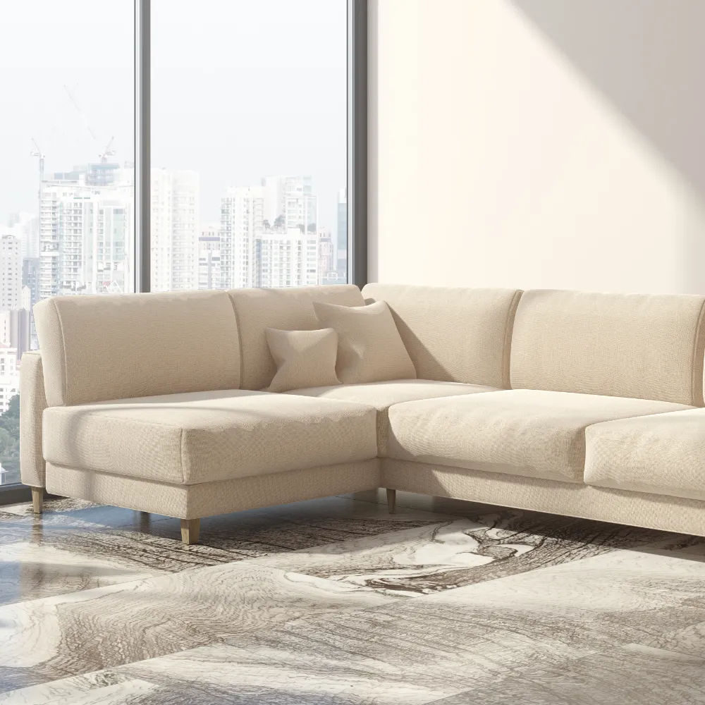 An empty beige sofa is shown in living room with a city view. Perfect blank canvas for cushions for a beige sofa.
