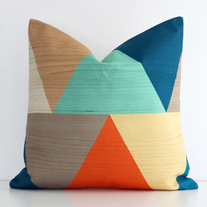 loki-bold-cushion-cover---45cm-x-45cm---sc186-45 Square geometric cushion cover in colourful colour sitting upright in front of a white wall. It has been made from a quality linen material.