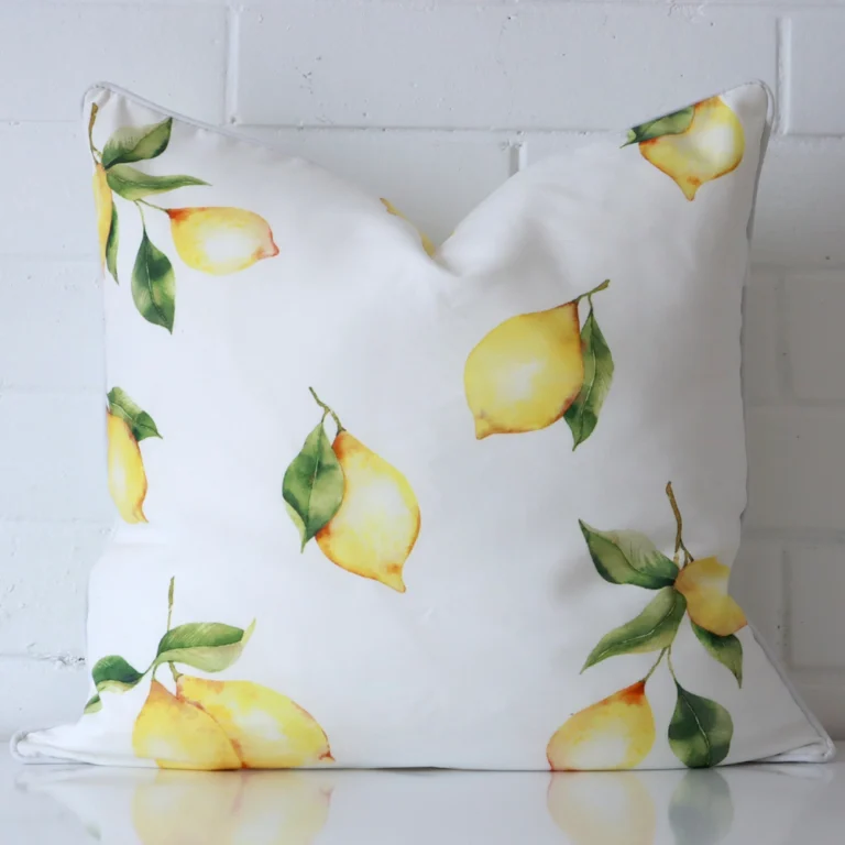 A graceful square cushion made from a durable outdoor fabric.