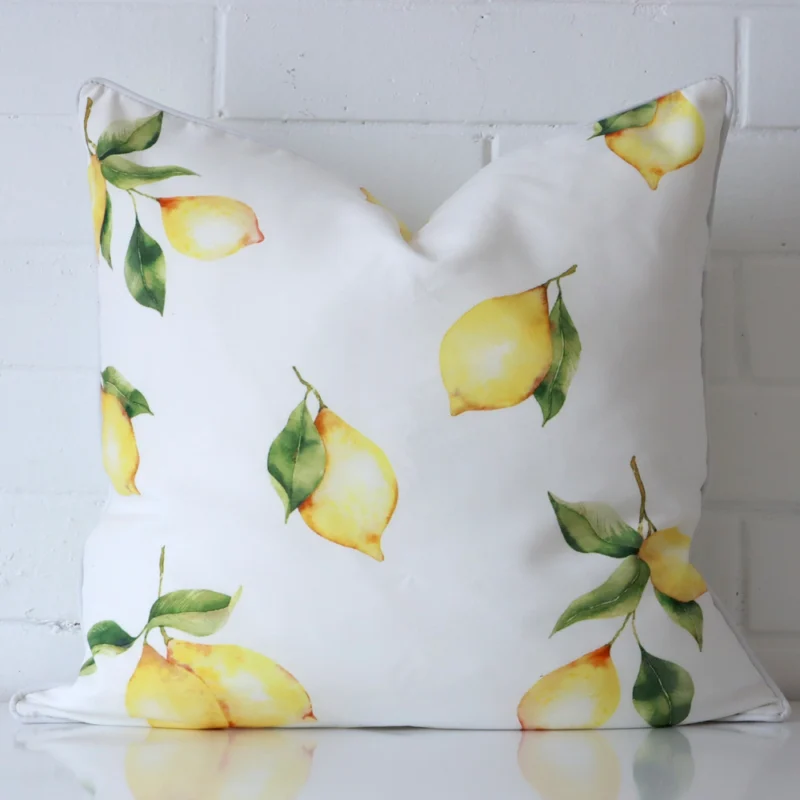 A graceful square cushion made from a durable outdoor fabric.