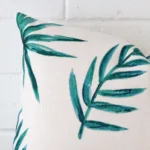 Enlarged shot of a rectangle cushion cover that highlights its linen fabric.