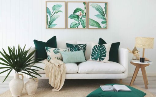 Lush leaf cushions styled in a tropical themed room