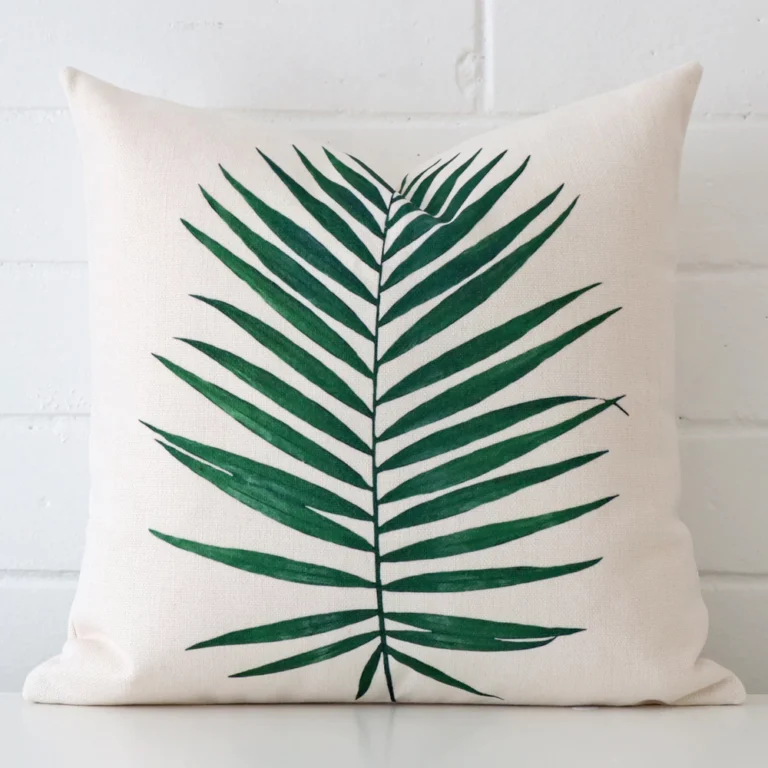 Vibrant cushion cover constructed from line fabric and shown in a square size.