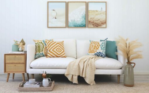 Our Mila cushions shown styled within a coastal themed room