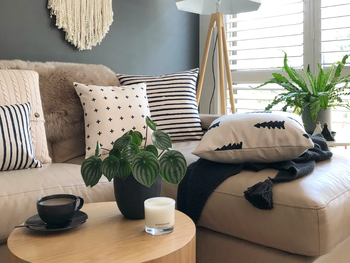 Monochromatic Scandi inspired sofa designs resting on a sled sofa.