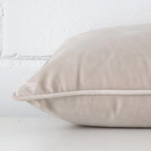 A cushion positioned on its back panel. The shot shows a lateral view of the velvet fabric and its rectangle size.