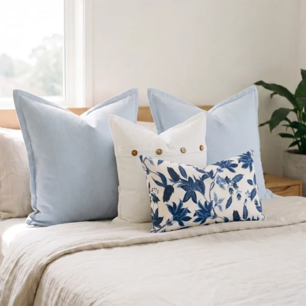 Trio of cushions with sky blue linen, a button-detail cushion, and a coral print, on a couch.