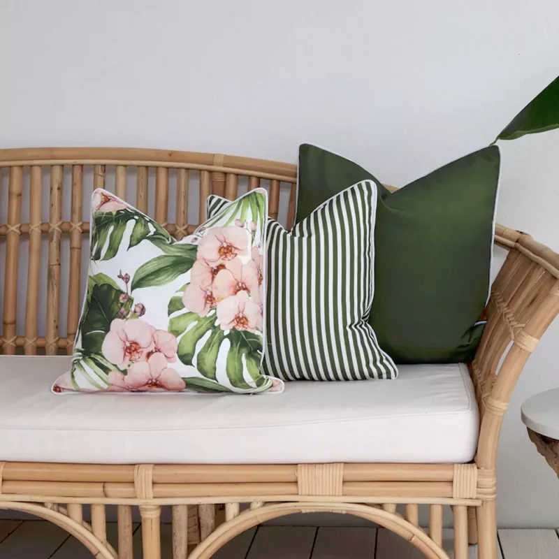 orchid-olive-outdoor-couch-cushions-set-3-covers-colo1159c Outdoor seating with 3 olive outdoor cushions on a rattan seat.