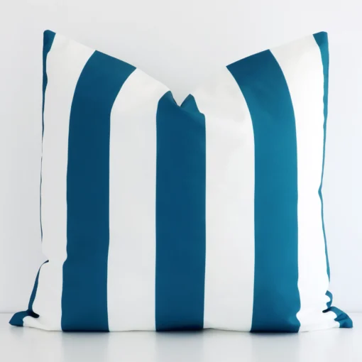Front view of stripe large cushion. Crafted from a special outdoor material in a teal colour.