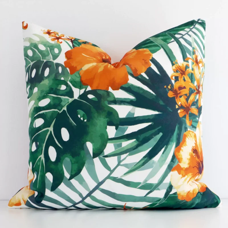 otama-striped-waterproof-yellow-large-outdoor-cushion-cover---large---sc940-45 White wall with a floral orange cushion laying against it. It has a distinctive linen fabric and has a square shape.