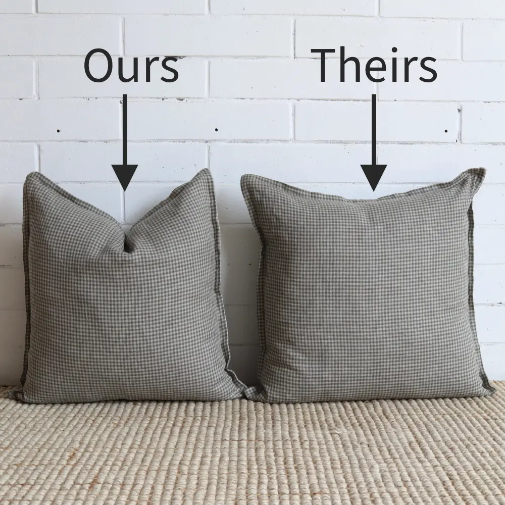 A side by side ours and theirs comparison of cushion inners and inserts showing the difference in shape.