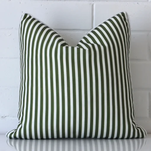 Here an olive green cushion is shown styled against a white wall. It has a square design and features a striped style.