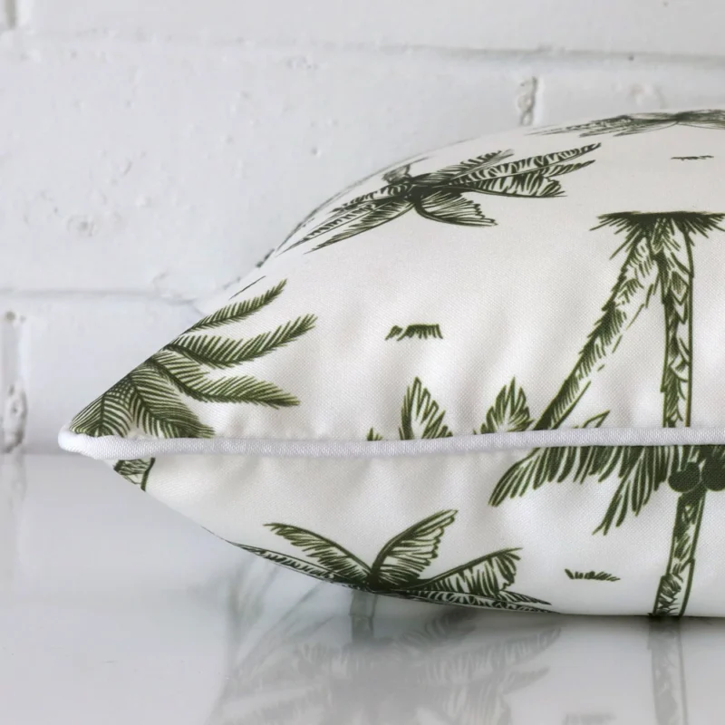 Side image of an outdoor square cushion cover. The olive green colour of its design is shown up close.