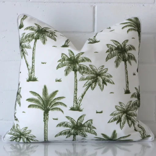 Gorgeous outdoor square cushion in an olive green colour. It has a charming style.