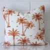 A lovely square terracotta cushion cover arranged in front of a white wall. The style complements the outdoor material.