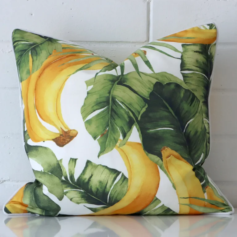 A hero shot of a square cushion cover. It is made from a deluxe outdoor fabric.