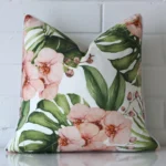 A stunning square outdoor cushion. It has an exquisite floral design.