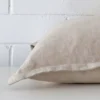 The seams of this linen large cushion cover are shown.