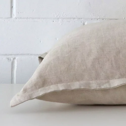 The seams of this linen large cushion cover are shown.