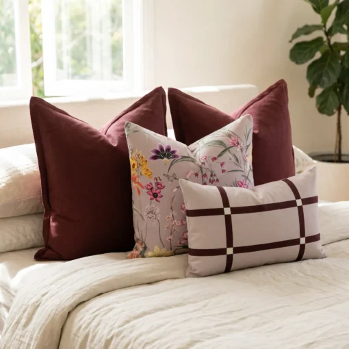 Set of four cushions with burgundy linen, a bold floral print, and a checked lumbar, on a bed.