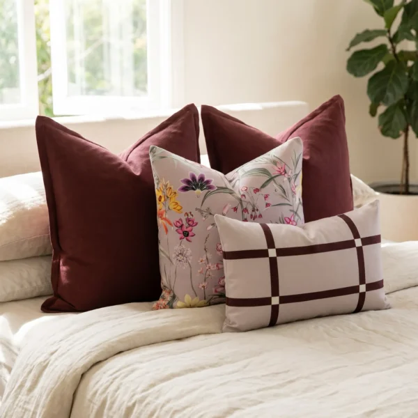 Set of four cushions with burgundy linen, a bold floral print, and a checked lumbar, on a bed.