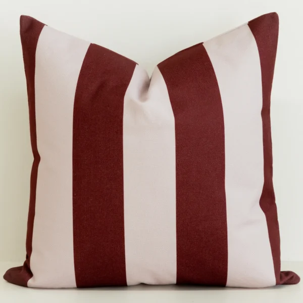 Wide stripe cushion cover in burgundy and pink, cotton-linen.